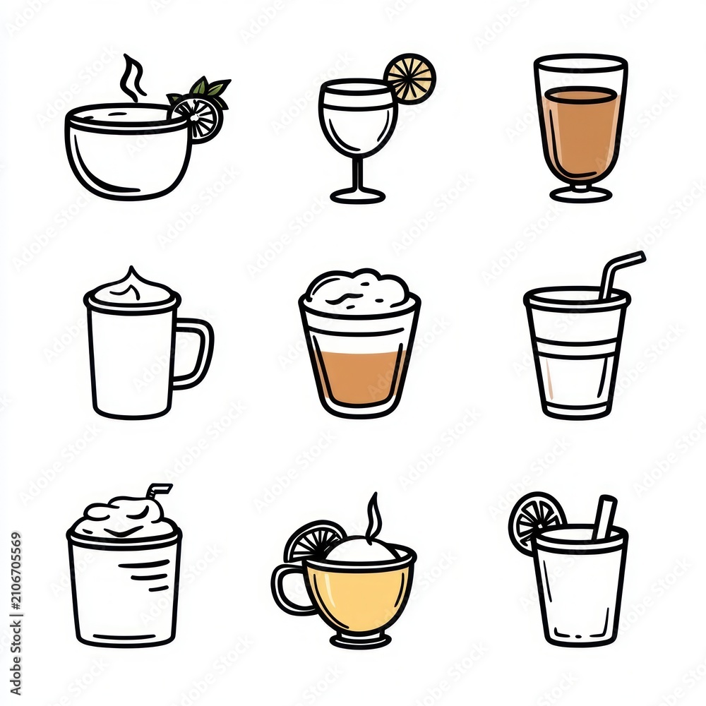 Obraz premium Nine playful beverage icons showing steaming tea with lemon and mint, cocktail with citrus, tall iced glass, lidded cup, frothy coffee and blended shake — cozy and cheerful assortment