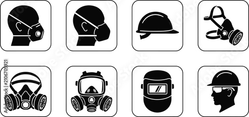 Construction Respiratory Protection Icons Set Respirator Mask Silhouette Vector
