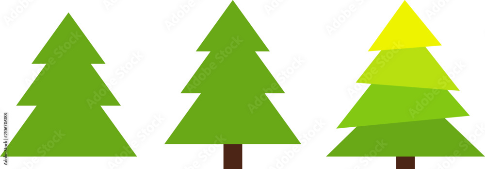 Obraz premium Set of three stylized green pine trees with varying shades and geometric shapes, isolated on white background for holiday and nature themed designs