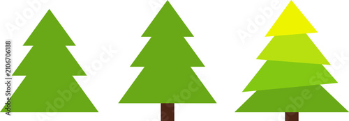 Set of three stylized green pine trees with varying shades and geometric shapes, isolated on white background for holiday and nature themed designs