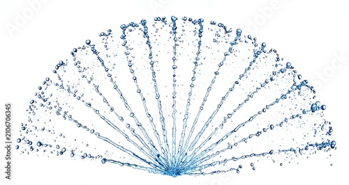 A dynamic fan of crisp blue water jets sprays outward against a white background, evoking pure energy, refreshing vitality, and clean hydration. Perfect for wellness. Nobody.