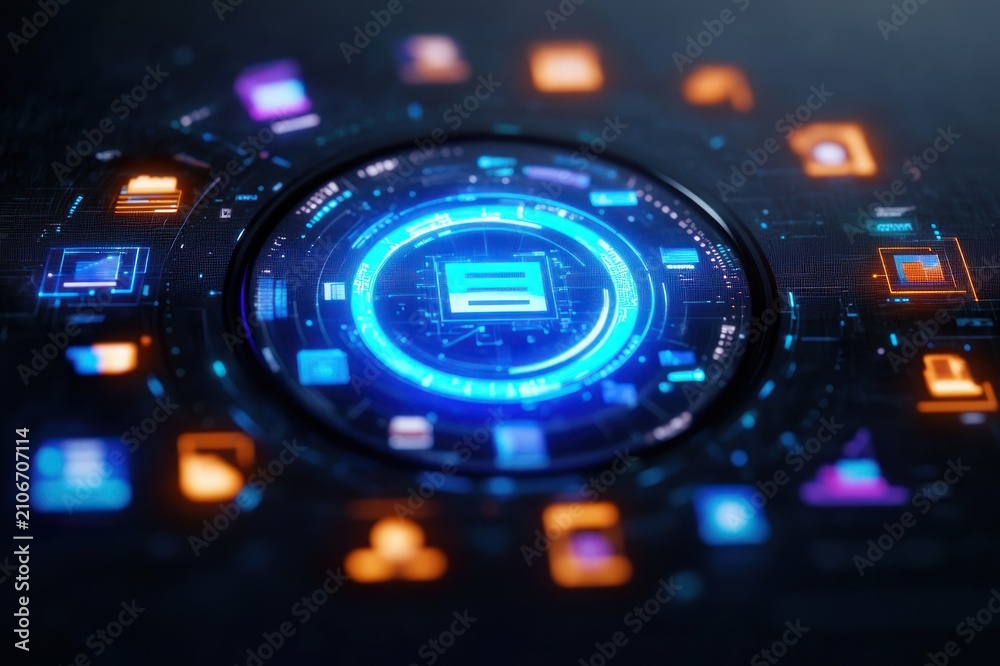 Fototapeta premium Glowing circular digital interface with central file icon, surrounding blue and orange app icons and circuit patterns conveying a futuristic, secure, high-tech network