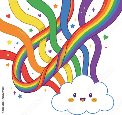 Cute rainbow ribbons flying from smiling happy kawaii cloud vector illustration with decorative hearts and stars isolated on transparent background for kids room wall art decor.