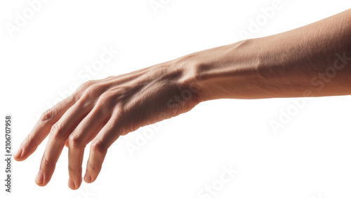 Obraz na plátně Isolated human hand reaching or gently grasping down, male arm with visible vein