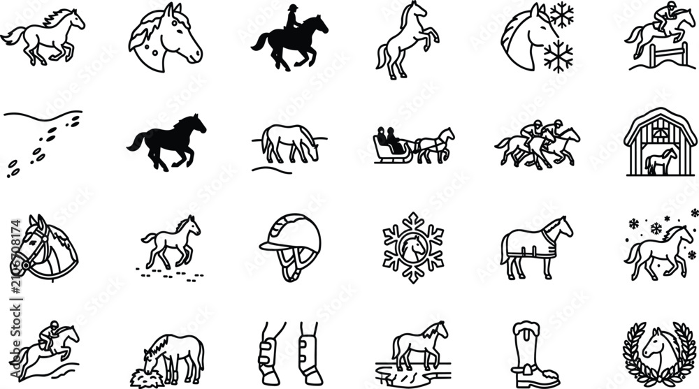 Fototapeta premium Equestrian Sport and Horse Riding Line Icon Set for Winter Racing Training Ranch Breeding Stable Gear Equipment Competitions and Cowboy Lifestyle Graphic Elements