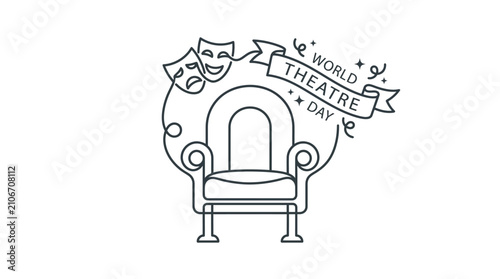 World Theatre Day chair and dramatic masks illustration.