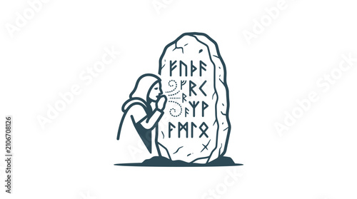 Hooded figure with ancient runestone illustration.