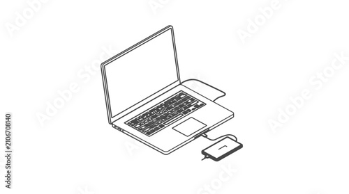 Isometric laptop with external hard drive illustration
