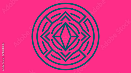 Blue circular labyrinth design on pink background