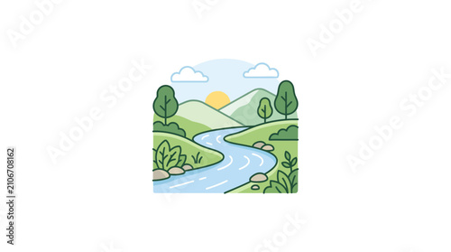Colorful nature landscape illustration with river and hills.