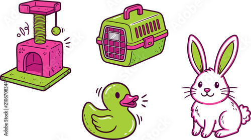 Obraz na płótnie Cute Pet Supply and Animal Vector Illustration Set Featuring Cat Scratching Post