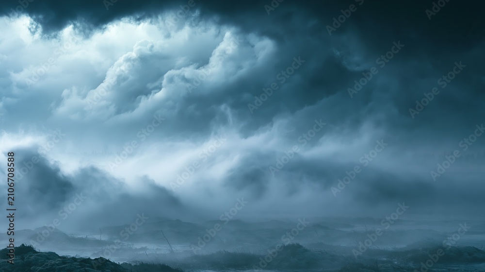 Fototapeta premium Dramatic stormy sky with dark clouds over a distant mountain range, a powerful and ominous weather phenomenon