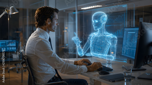 Business Executive Using AI Holographic Assistant in Luxury Office. Concept: Artificial Intelligence, Executive Leadership, Business Intelligence, Digital Transformation, AI Assistant, Corporate Innov