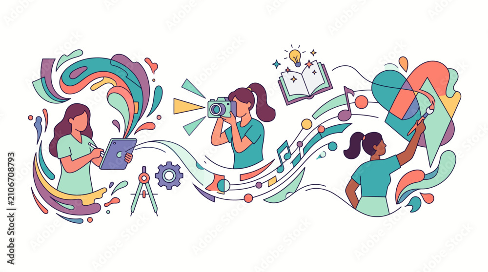 Obraz premium Colorful illustration of people using technology and communicating.
