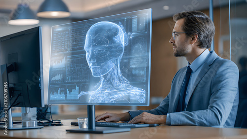 Business Executive Using AI Holographic Assistant in Luxury Office. Concept: Artificial Intelligence, Executive Leadership, Business Intelligence, Digital Transformation, AI Assistant, Corporate Innov