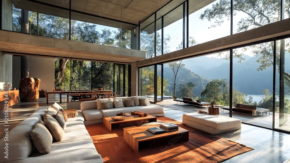Fototapeta premium Contemporary Living Room with Floor to Ceiling Windows and Mountain View