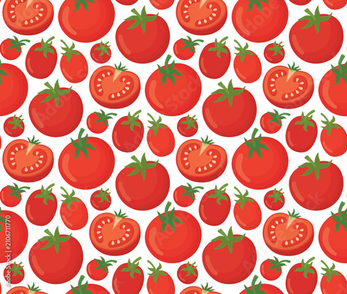 Seamless pattern of ripe red tomatoes. Bright background with large whole vegetables and half-cut slices showing seeds. 