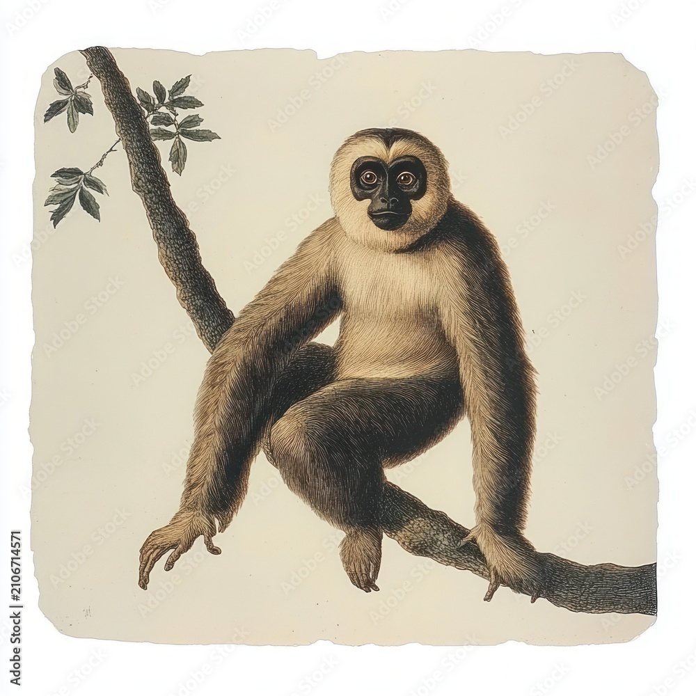 Fototapeta premium Calm gibbon perched on a tree branch with long arms and curious gaze on torn paper and cream background in a vintage natural history illustration