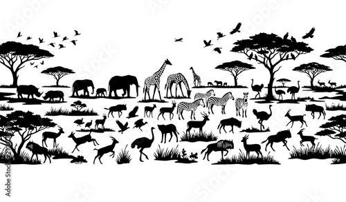 Photography African savannah wildlife seamless silhouette vector with rhinos giraffes birds
