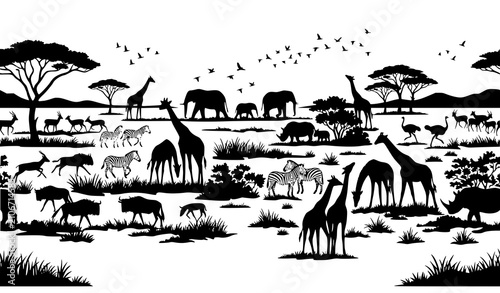 Canvas Print Premium African wildlife seamless silhouette vector panorama with rhinos giraffe