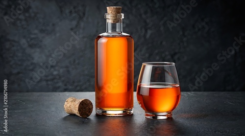 Amber colored spirit in a glass bottle and a tumbler with a cork stopper on a dark textured surface.