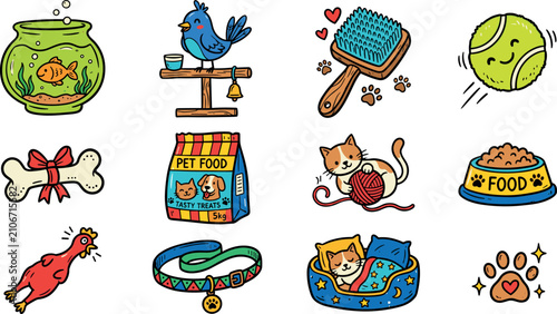 Canvastavla Cute Pet Animal Supply and Care Accessory Vector Icon Set with Fish Goldfish Bow