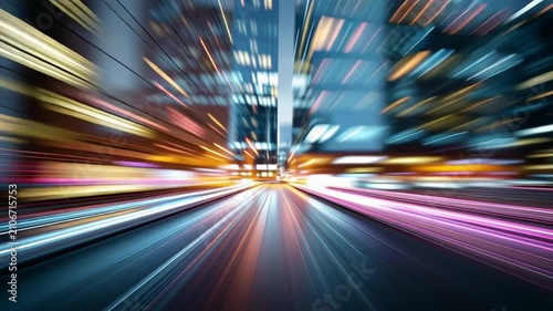 Dynamic Abstract Motion Blur Of Cityscape Skyscrapers At Night, Featuring Bright City Lights, Creating Energetic Urban Vibe. Captured In Urban Setting.