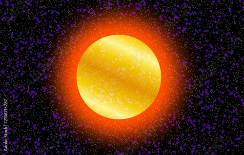 Glowing yellow sun with orange halo in deep space, surrounded by colorful stars on a dark cosmic background