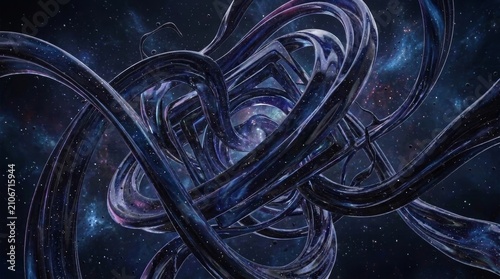 Abstract Dark Geometric Sculpture with Cosmic Galaxy Patterns in Deep Space