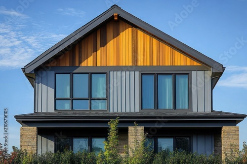 symmetrical modern two-story house with gabled roof, warm wooden accent panels, gray vertical siding, large windows, stone columns and green shrubs under a clear blue sky, serene