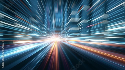 Vibrant Abstract Cityscape With Motion Blur Creating Speed Effect Amidst Bright Lights And Skyscrapers At Dusk, Captured From A Unique Perspective, Suitable For Futuristic Concept.