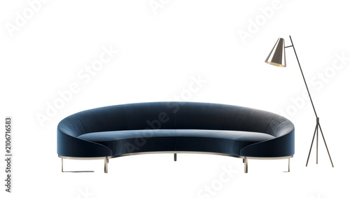 Isolated luxurious curved dark blue velvet couch and sleek golden floor lamp for living room.
