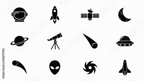 Schilderij op canvas Minimalist space exploration and cosmic phenomena black icon set with astronaut