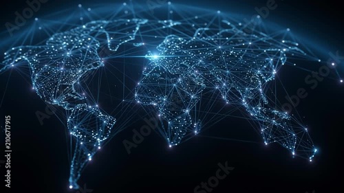 Futuristic Digital World Map Created Using Network Connections, Showcasing Technology And Innovation, Set Against A Dark Background. Ideal For Technology And Networking Concepts.