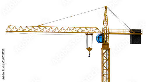 Schilderij op canvas Isolated yellow tower crane with blue cabin for heavy construction building proj