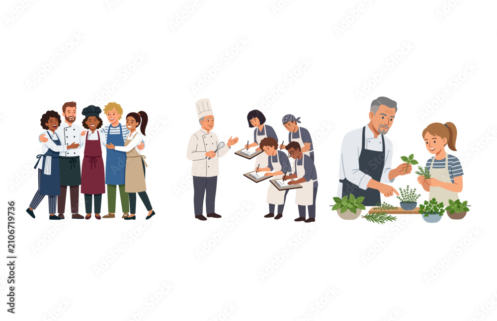 Obraz premium Diverse Culinary Professionals and Students Learning Cooking Skills in a Professional Kitchen Setting