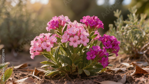 Vibrant Pink and Purple Flowers Blooming in a Sunny Garden Bed