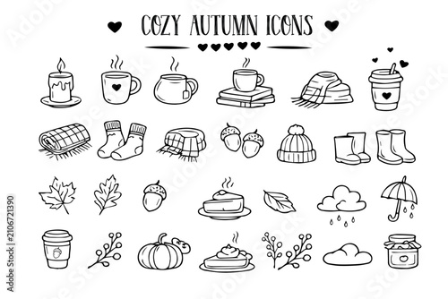 Cozy Autumn Icons Collection, Fall Season Hygge Elements and Cute Outline Set