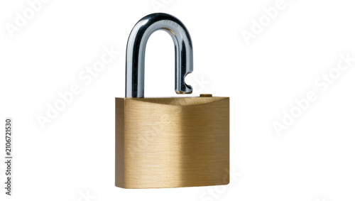 Canvastavla Isolated heavy brass padlock with detached silver shackle indicating unlocked state