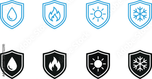 icons of shield with water drop fire sun and snowflake