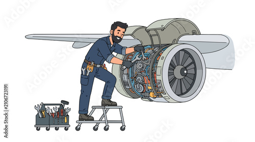 Aircraft mechanic working on a jet engine with tools and toolbox nearby, vector illustration