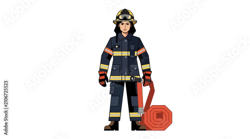 Female firefighter in protective gear holding a coiled hose ready for action vector illustration