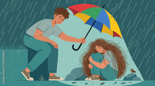 Caring man holding colorful umbrella to shelter sad crying woman from heavy rain, offering comfort support.