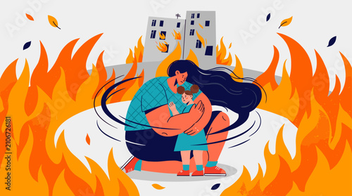 Protective mother shielding frightened child from raging fire and burning building in devastating war illustration.