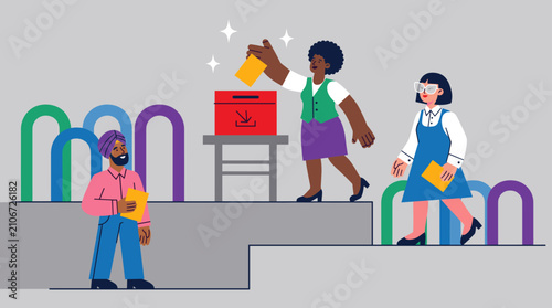 Diverse group of citizens casting ballots into voting box during democratic election with colorful abstract background.