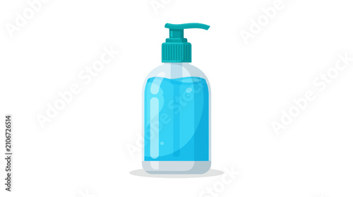 Vector illustration of a clear plastic bottle with a teal pump dispenser filled with blue liquid hand sanitizer