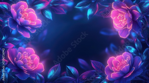 Glowing neon pink and purple blossoms with metallic blue leaves framing a dark central space, floating petals and soft luminous highlights creating a dreamy magical mood
