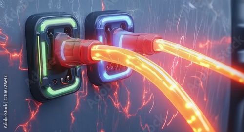 two glowing molten energy cables plugged into illuminated neon wall ports with electric sparks and heat trails, a futuristic intense and dangerous power surge