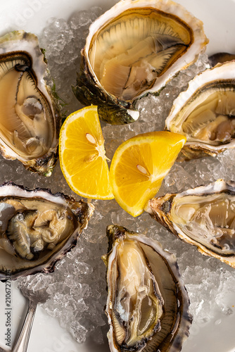 фотографія Fresh raw oysters on crushed ice with lemon fine dining seafood tasting luxury p