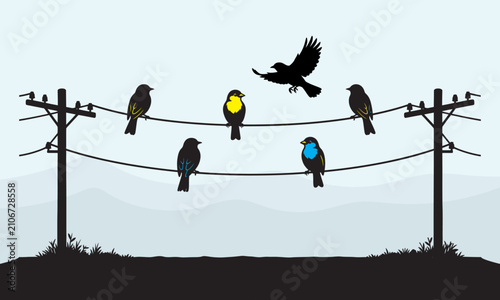 Colorful Birds Sitting on Power Lines Minimalist Flat Vector Landscape
